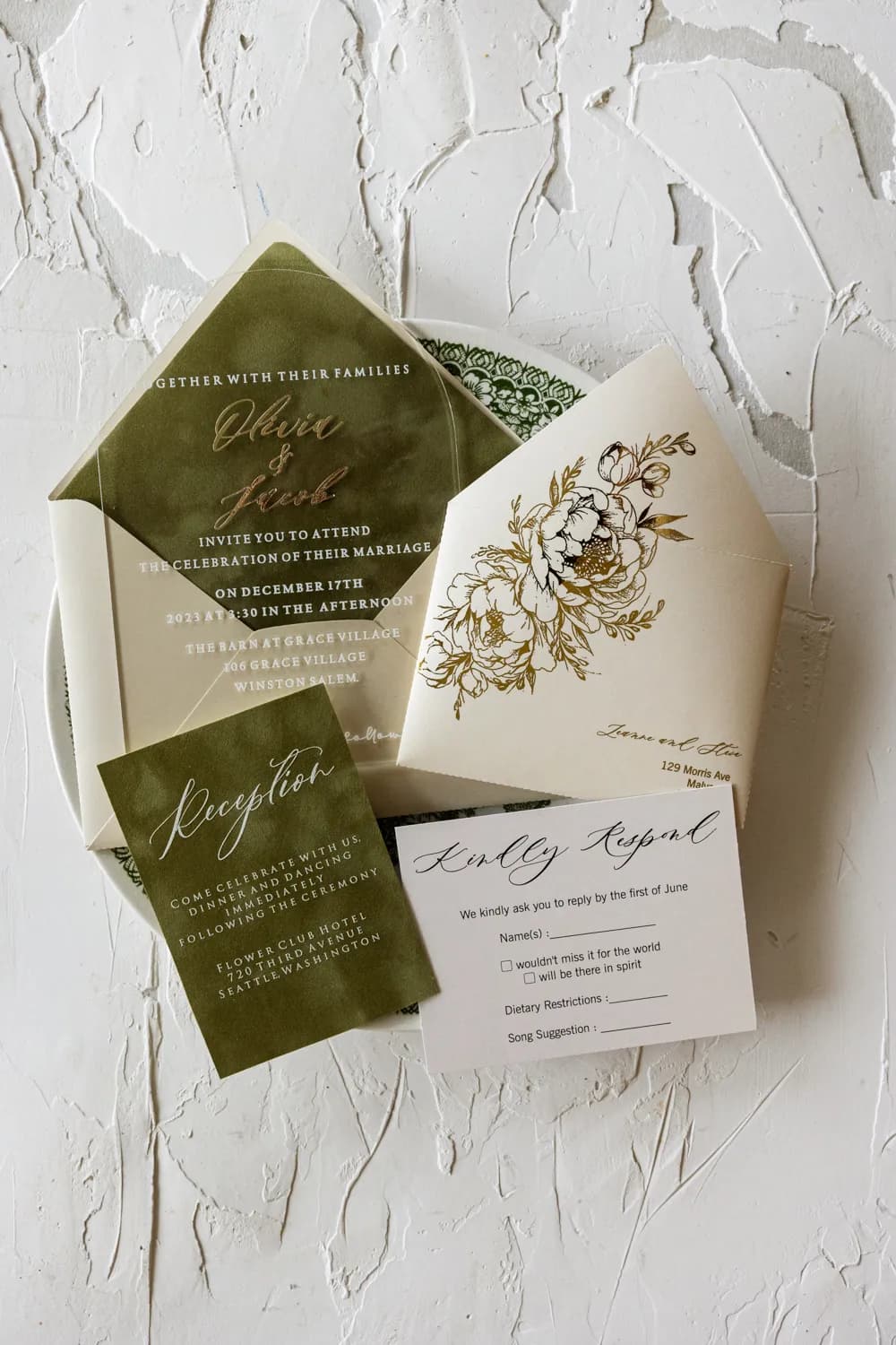 Fresco No. 3 Wedding Invitations – Arched Acrylic with Sage Green Velvet