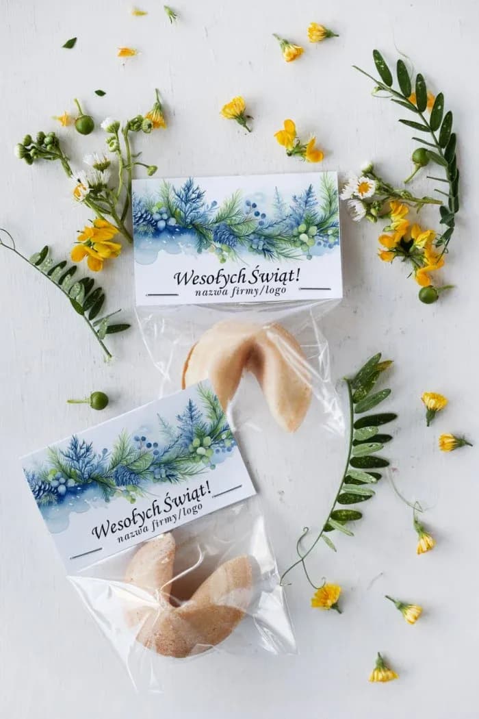 Cadeau entreprise biscuit de la fortune branches de noël Biscuit de la fortune personnalisé avec logo et motif de branches de Noël bleu-vert