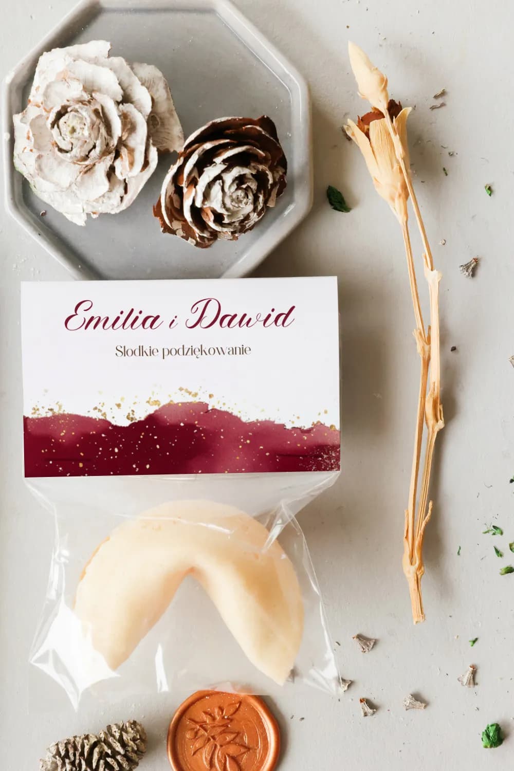 Burgundy and gold Chinese fortune cookie as an elegant wedding favour
