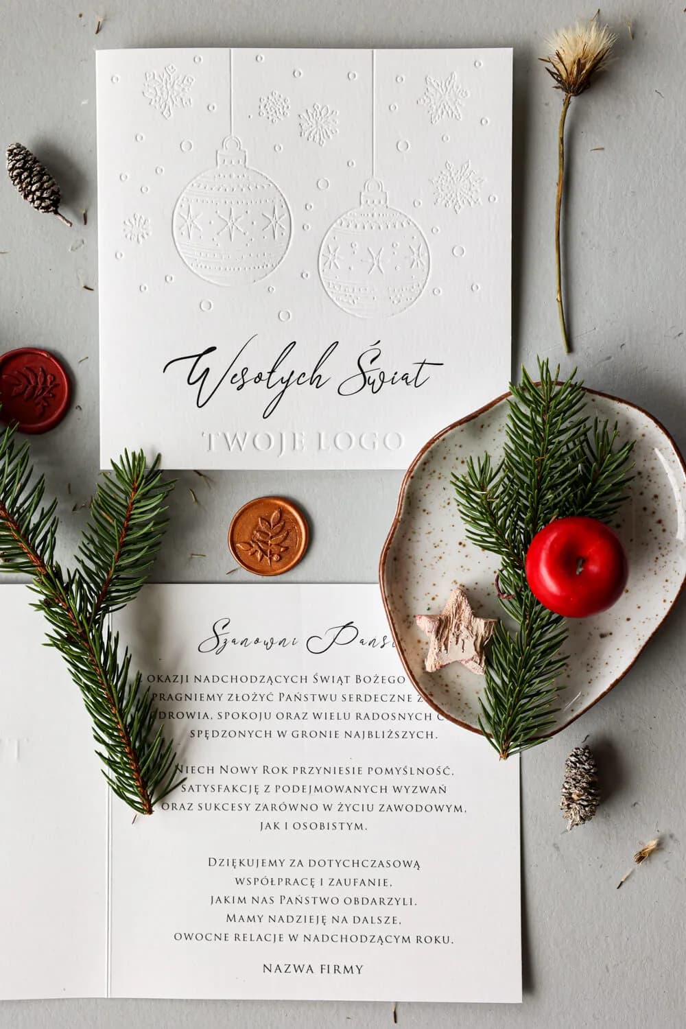 Elegant Business Christmas Card with Embossed Baubles and Snowflakes | Eco Corporate Cards with Logo | TO3