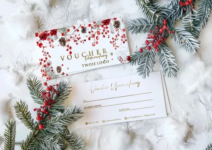 Elegant gift voucher with a Christmas theme, featuring red accents and gold foiling.