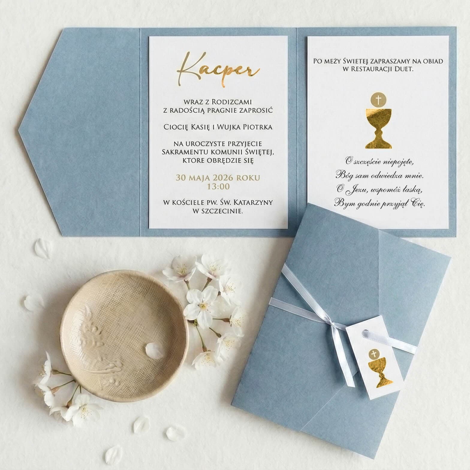 Adelia No. 2 Communion Invitation β Dusty Blue and Gold Chalice