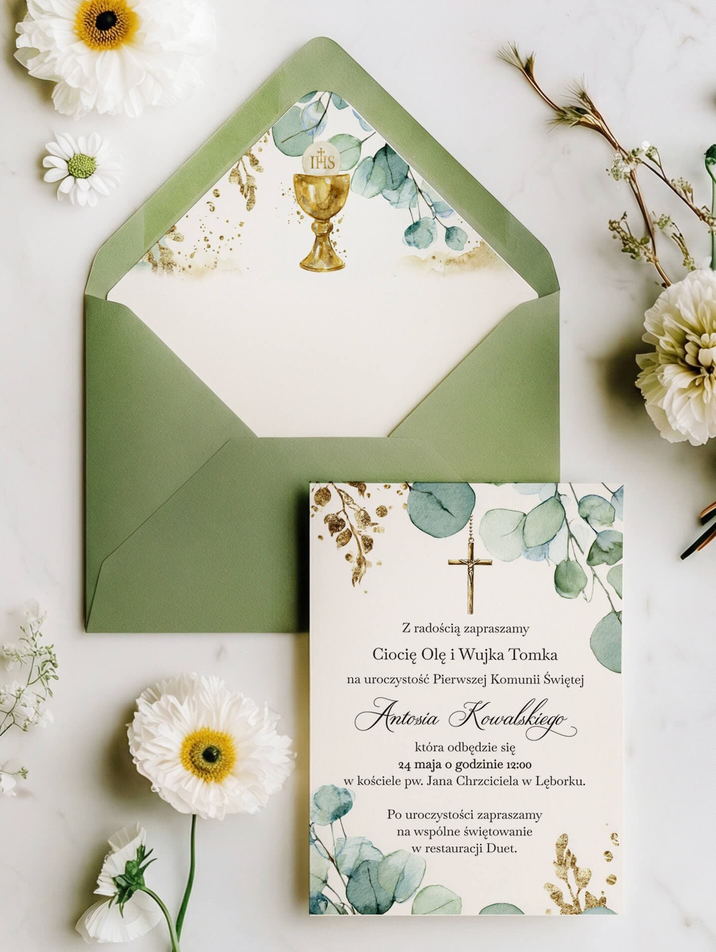 Eucalyptus and Cross Communion Invitations – Lukrecja No. 2