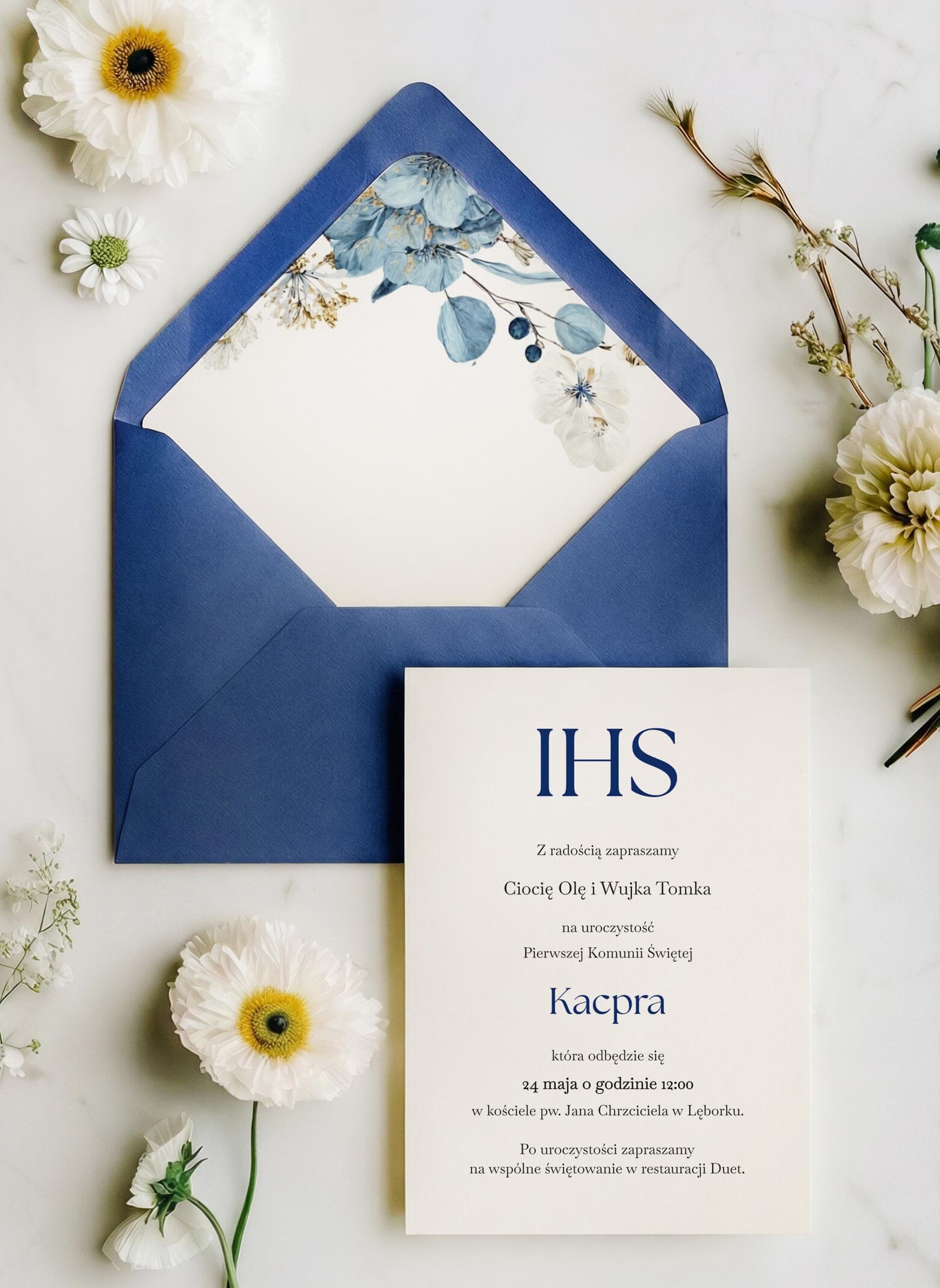 First Holy Communion Invitations with Navy IHS – Lukrecja No. 5