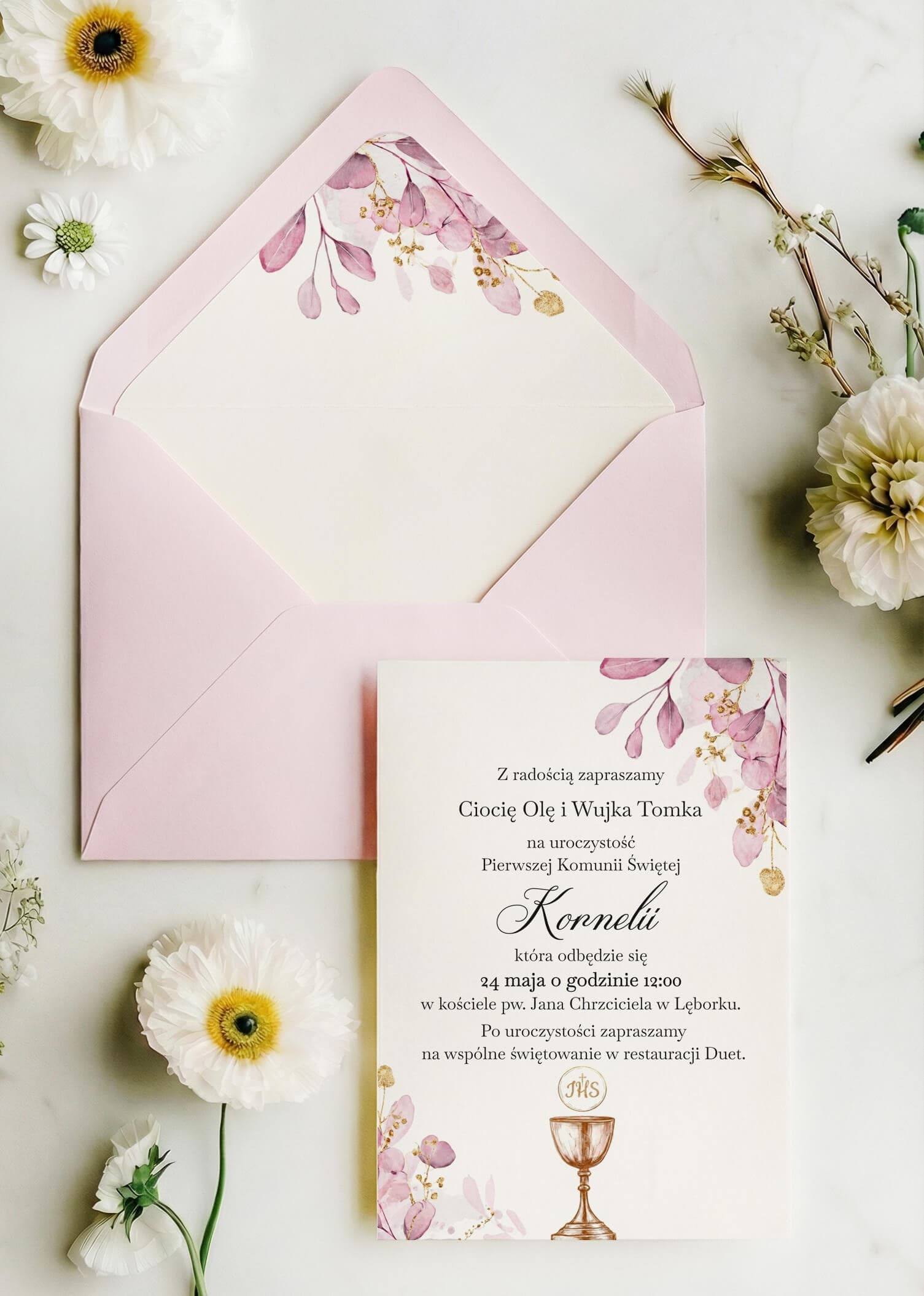 First Holy Communion Invitations in Powder Pink – Lukrecja No. 4