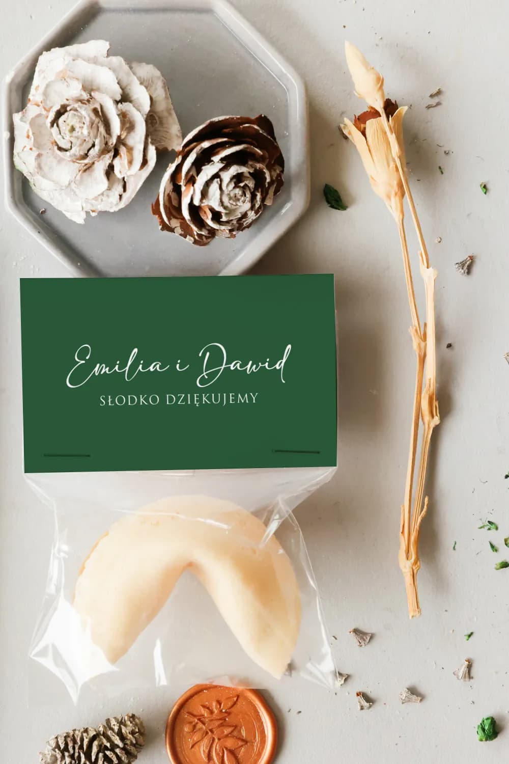 Fortune Cookies with Bottle Green Label | Personalized Wedding Favours | Cejla No. 2