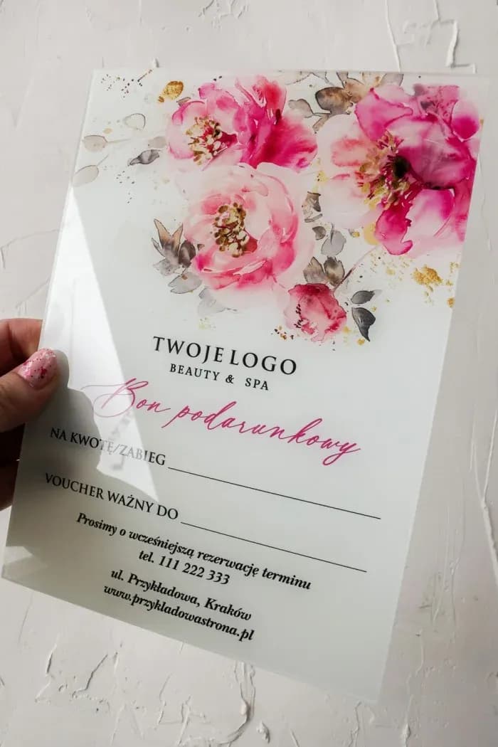 Elegant glass voucher with a floral motif in pastel shades, model VS7.