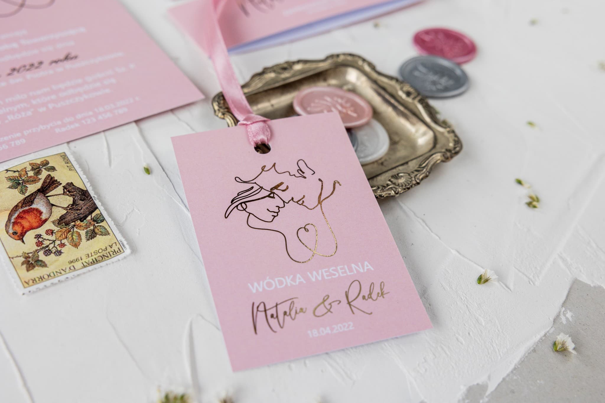 Gold Foiled Wedding Bottle Tags with Blush Pink Flowers | Elegant Vodka Tags | Jaspis No. 3