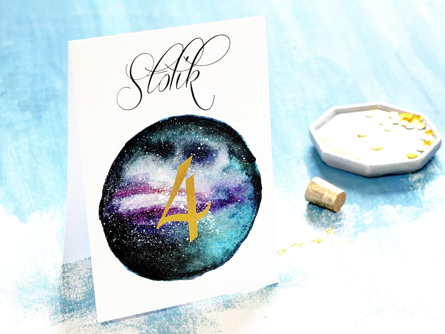 Elegant Gold Foiled Table Numbers | Navy Blue Standing Wedding Cards | Moonlit Night No. 8