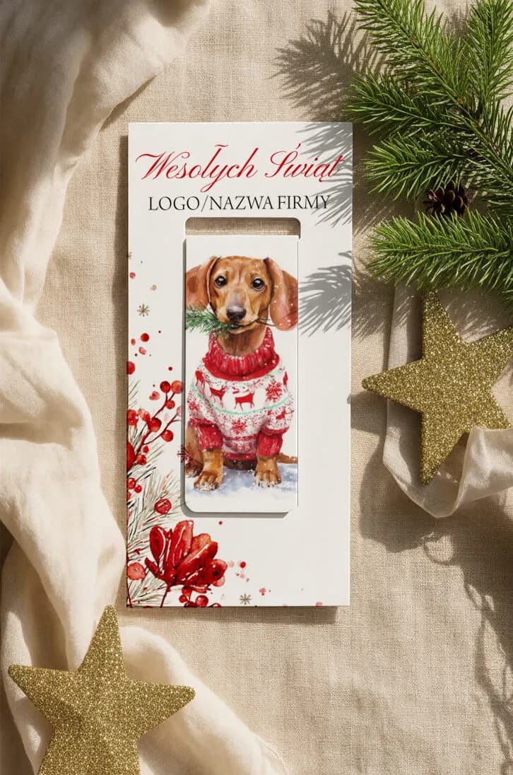 Festive magnetic bookmark with watercolor dachshund in a sweater, presented on a personalized company card.
