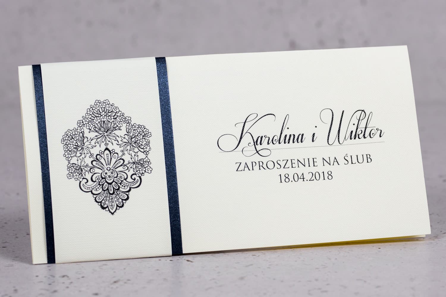 Navy Blue Glamour Wedding Invitations with Gold Ornament and CZ Stone – Moreno No. 8