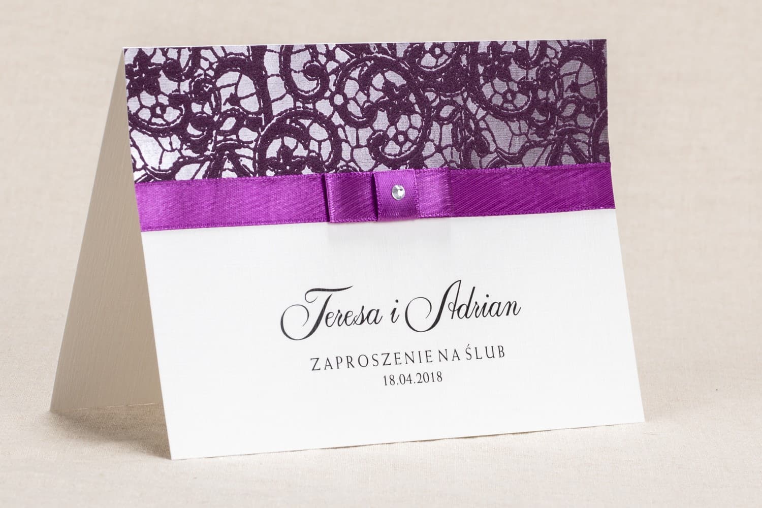 Classic Wedding Invitation with Purple Lace on Linen Textured Paper - Klaris No. 3
