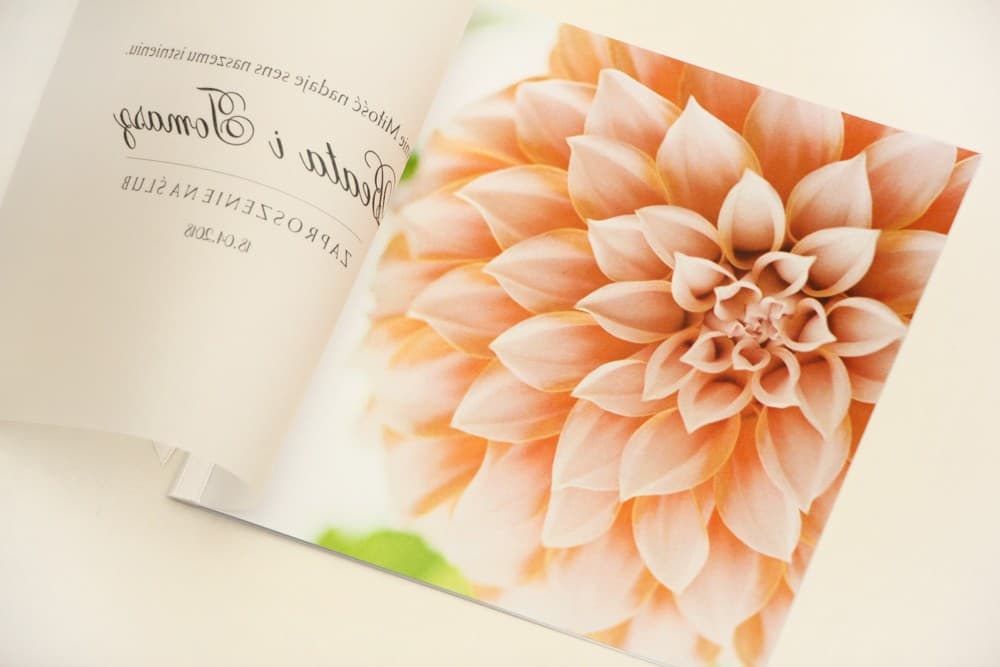 Square Wedding Invitation with Vellum Overlay and Dahlia, tied with Ribbon – Elegant No. 9