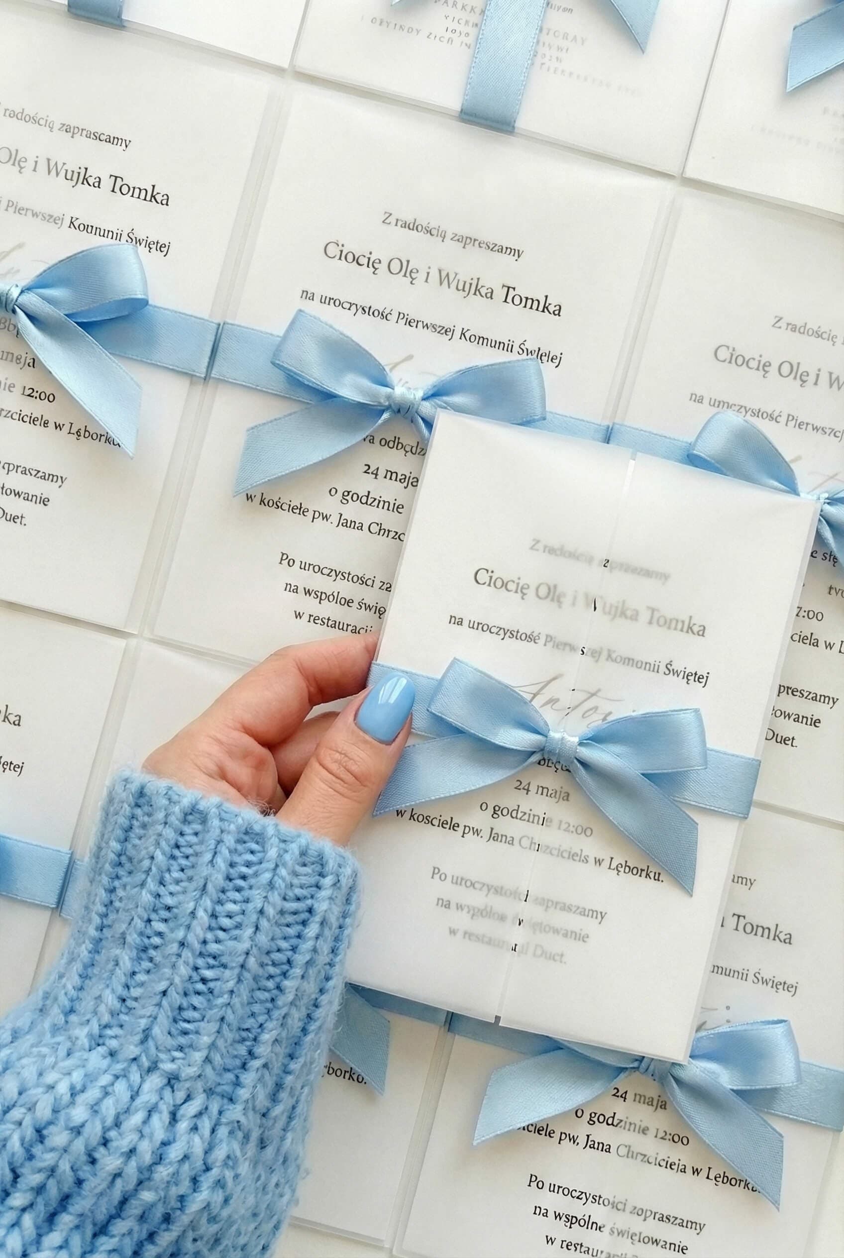 Ofelia No. 1 Holy Communion Invitations β Vellum and Blue Ribbon