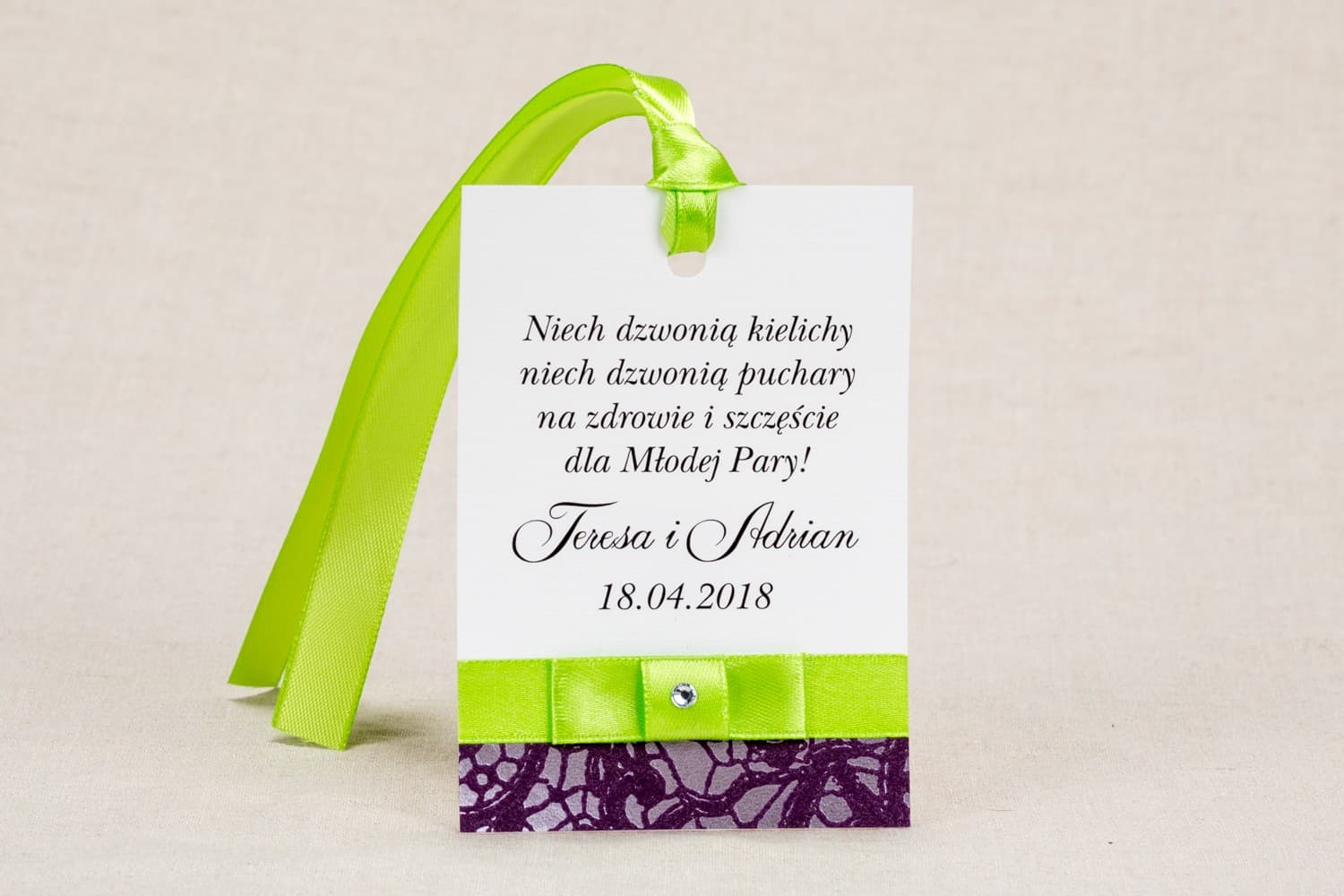 Elegant Wedding Alcohol Tags with Purple Lace | Personalized Wedding Vodka Tags | Klaris No. 1