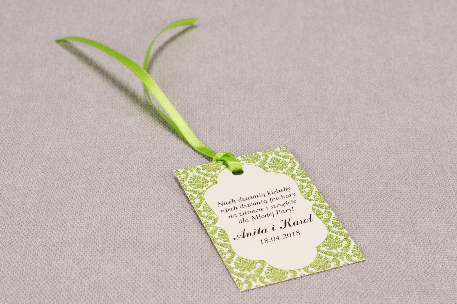 Elegant Wedding Vodka Tags with Green Ornament | Personalized Alcohol Labels | Madras No. 3
