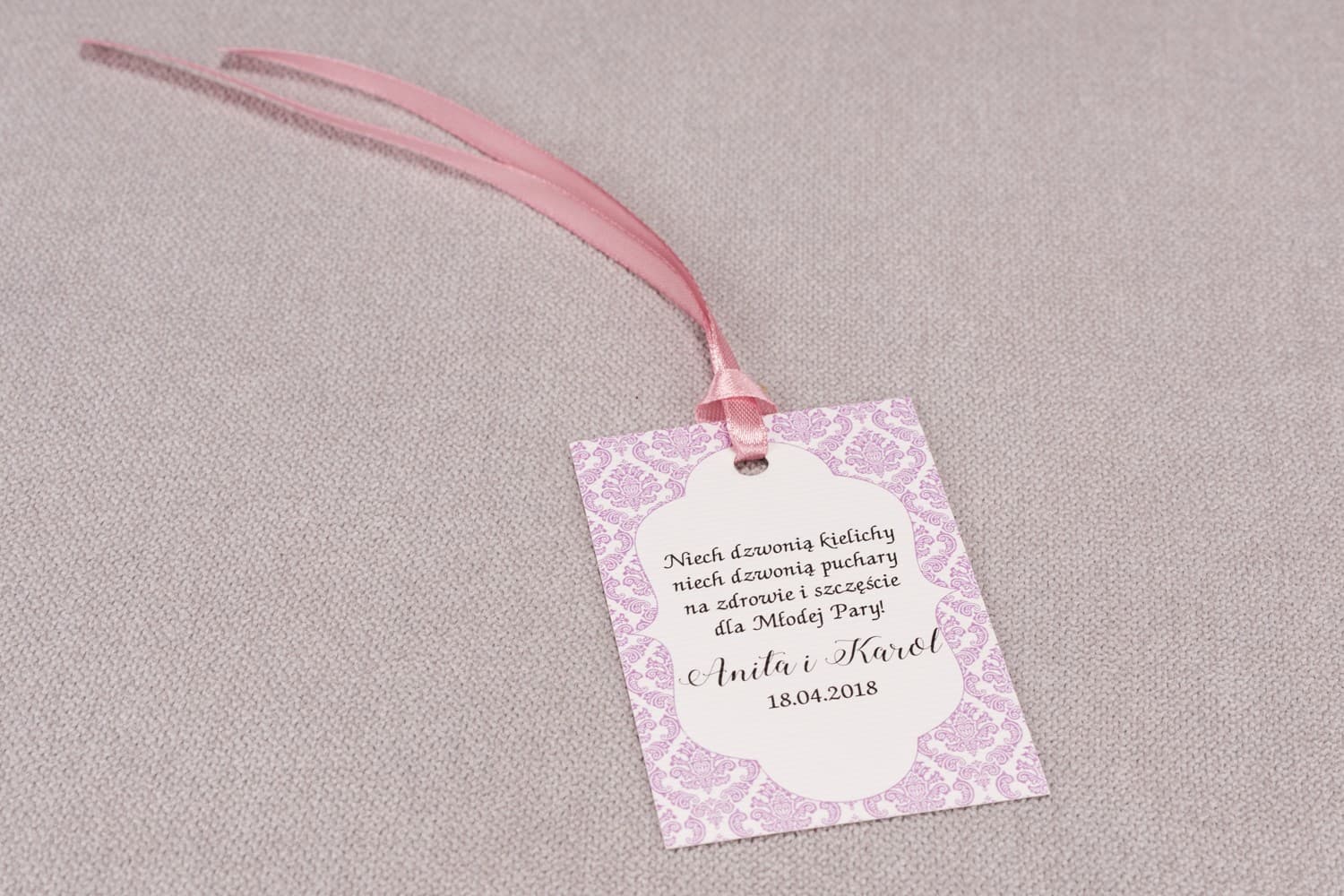 Elegant Alcohol Tags with Pink Ornaments | Personalized Wedding Vodka Labels | Madras No. 4