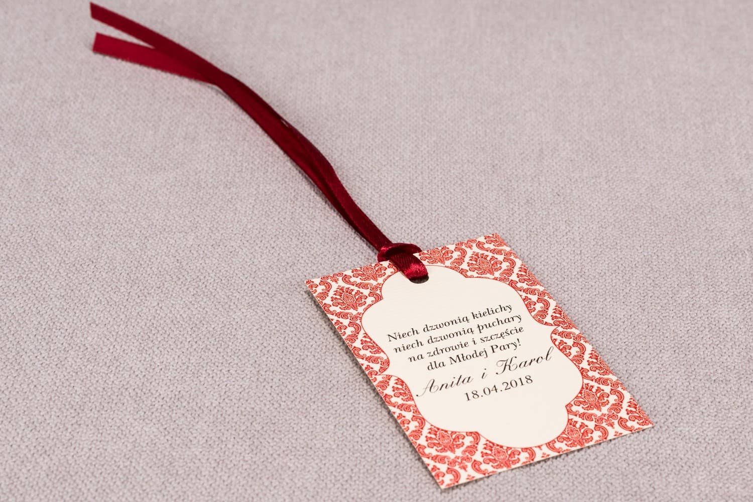 Elegant Wedding Vodka Tags with Red Ornaments | Personalized Alcohol Tags | Madras No. 5