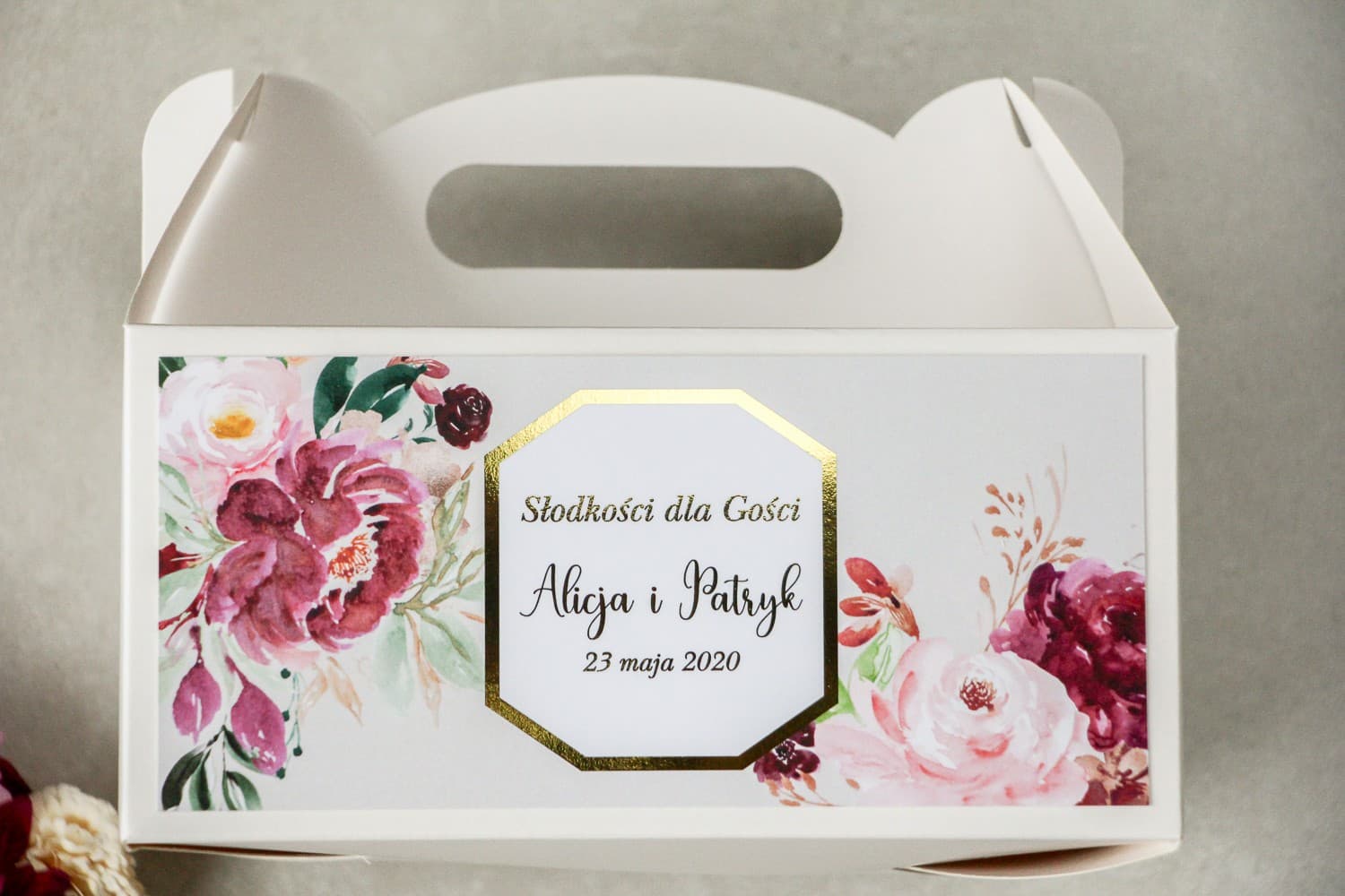 Elegant Wedding Cake Box with Peonies and Gold Foiling | Wedding Favours | Lotus No. 2