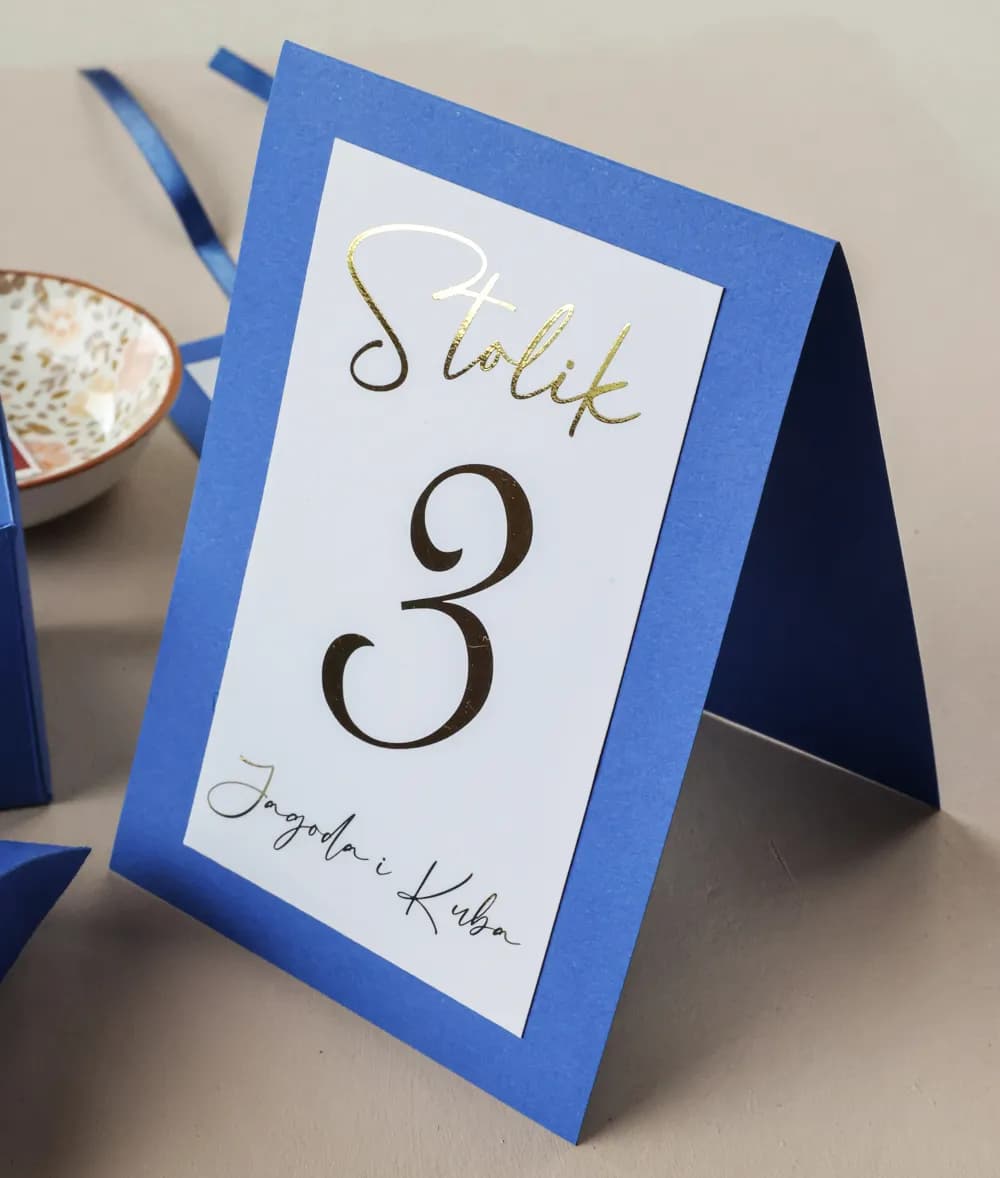 Blue Wedding Table Numbers, Gold Foiled, Freestanding | Elegant Personalized Table Cards | Avril No. 7
