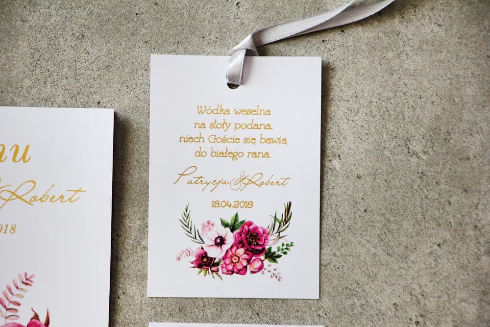 Gold Foiled Wedding Vodka Tags Purple Flowers | Personalized Alcohol Labels | Cykade No. 5