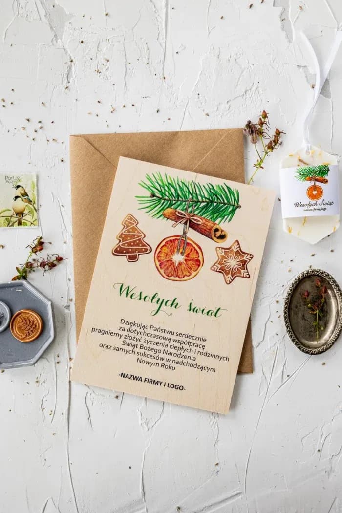 Wooden Christmas Cards with Logo Gingerbread | Corporate Holiday Cards for Businesses with Wishes | DR15