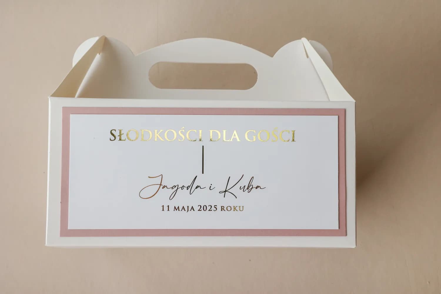 Elegantes cajas para tarta de boda con asa, blanco-rosa con dorado | Agradecimientos personalizados | Avril nº 12