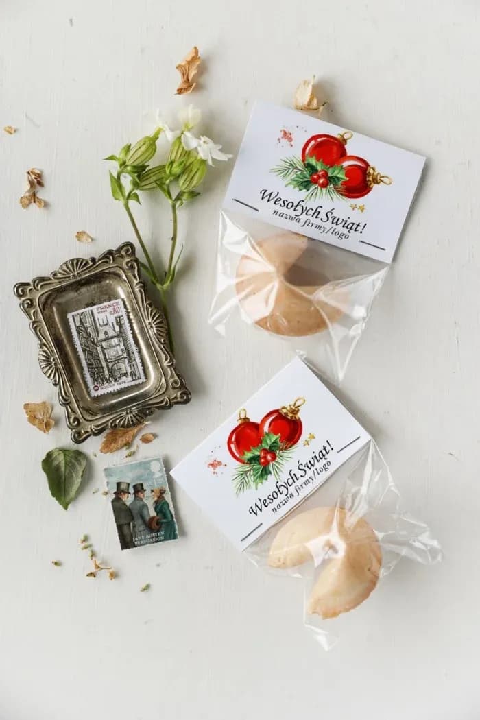 Galleta de la fortuna personalizada con logo de empresa y motivo navideño de bolas rojas
