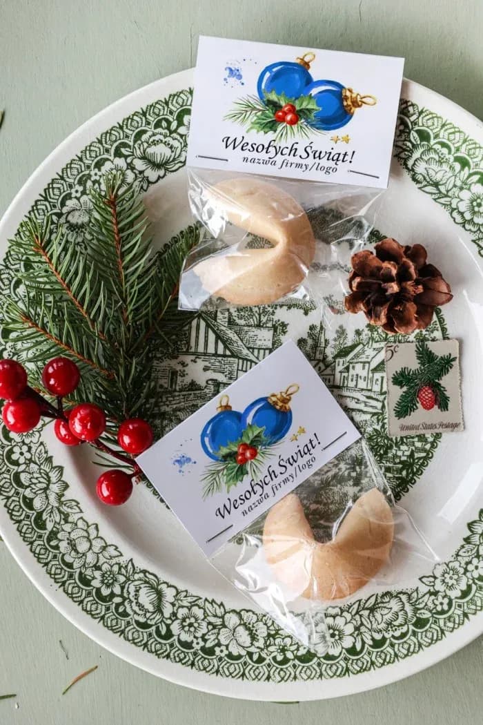 Galleta de la fortuna personalizada con logo de empresa y motivo navideño de bolas azules