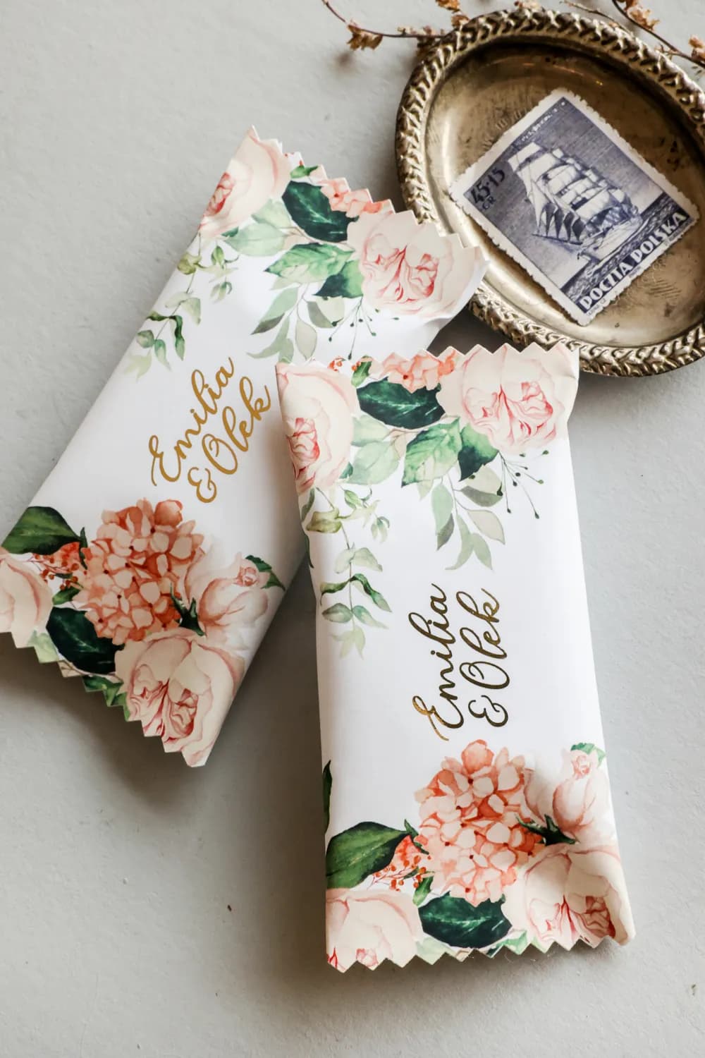 Gastgeschenke – veredelte Schokoladen mit pfirsichfarbenen Rosen Rubin Nr. 10