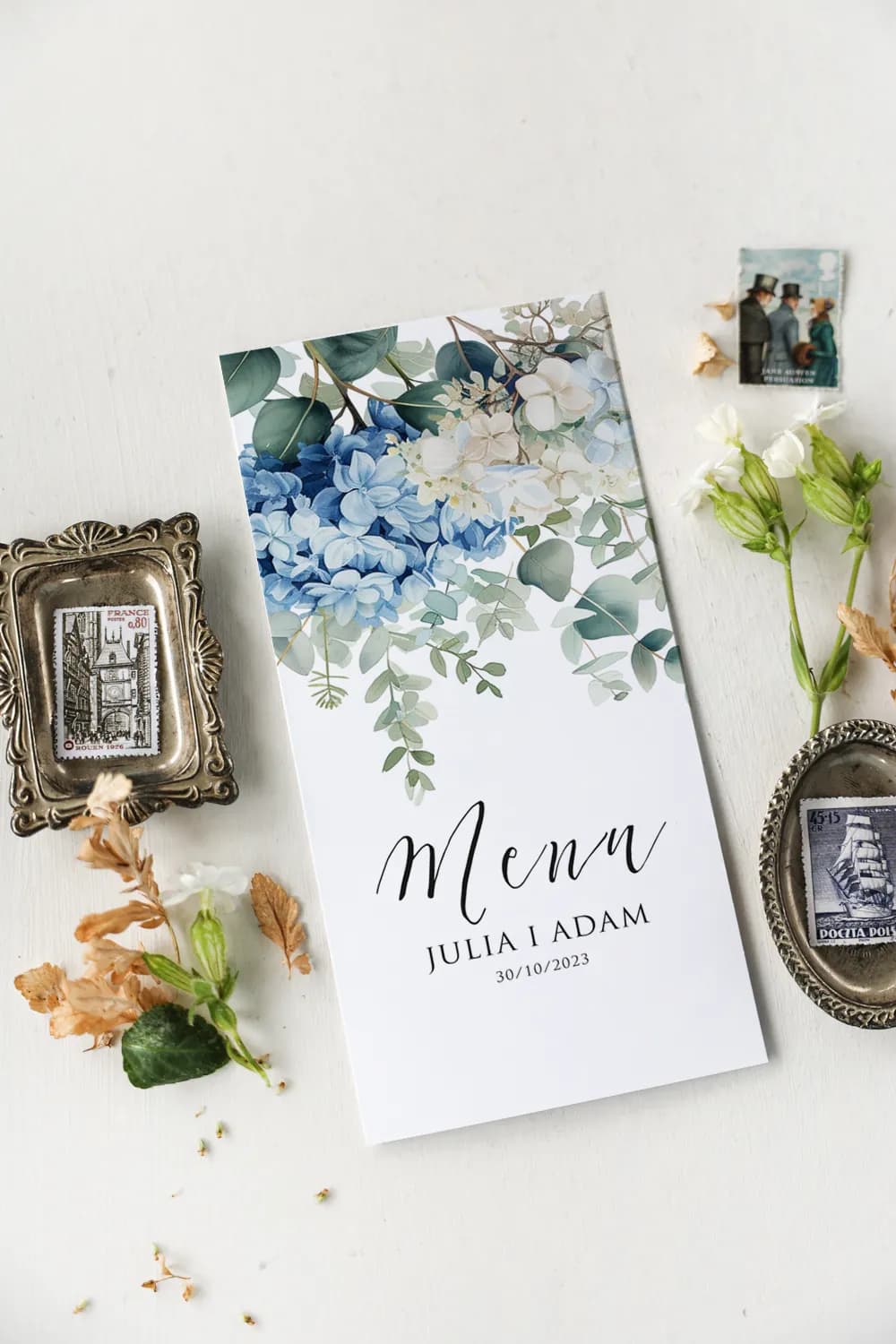 Menú de Boda con Hortensias, Carta Plegable | Elegante Menú de Boda con Flores Azules | Impresión nº 4