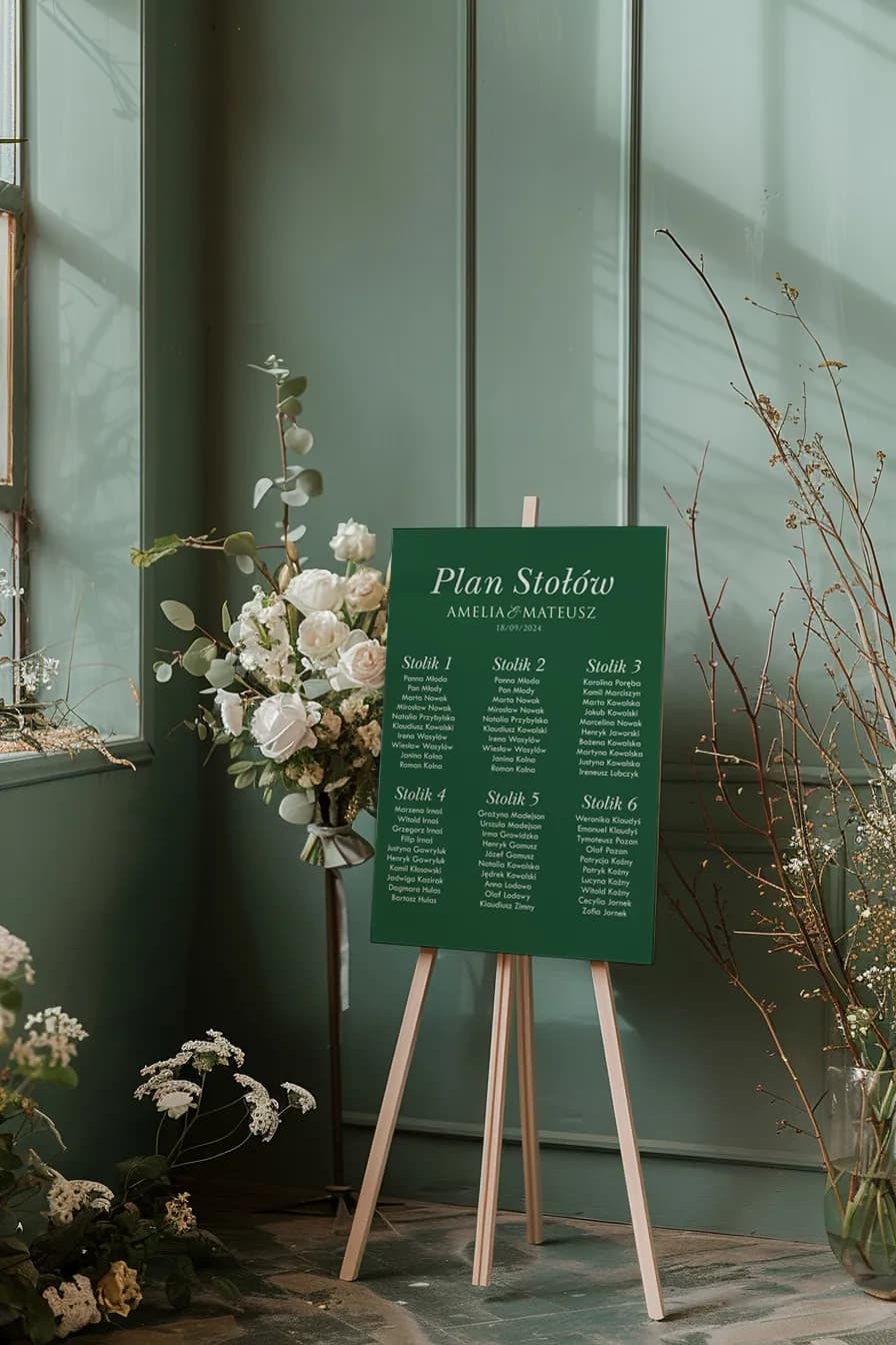 Elegante Plan de Mesas Verde Botella, Minimalista | Tablero con Distribución de Invitados | Kraft nº 10