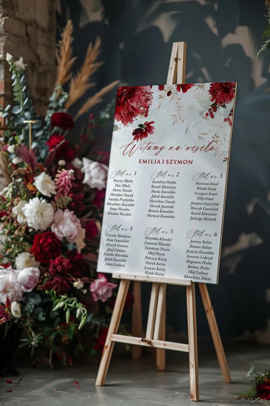 Primer plano de un tablero personalizado para la distribución de invitados de boda, con nombres y lista de mesas.