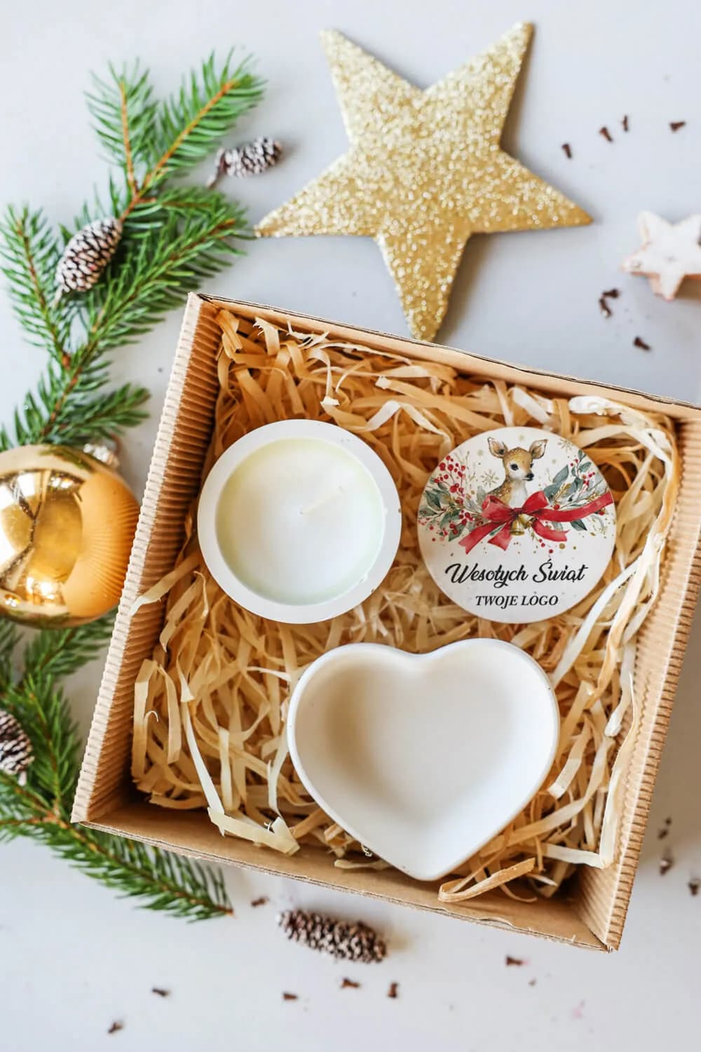 Caja de regalo para empresas con elementos artesanales de yeso polimérico y tapa personalizada con el logo del cliente.