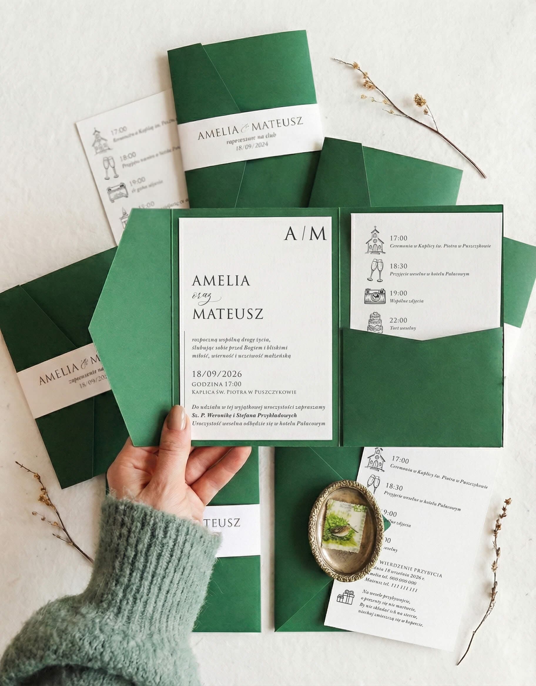 Zaproszenia ślubne butelkowa zieleń w folderze Kraft nr 10 Invitaciones de boda verde botella en carpeta Kraft nº 10 Amelia Wedding