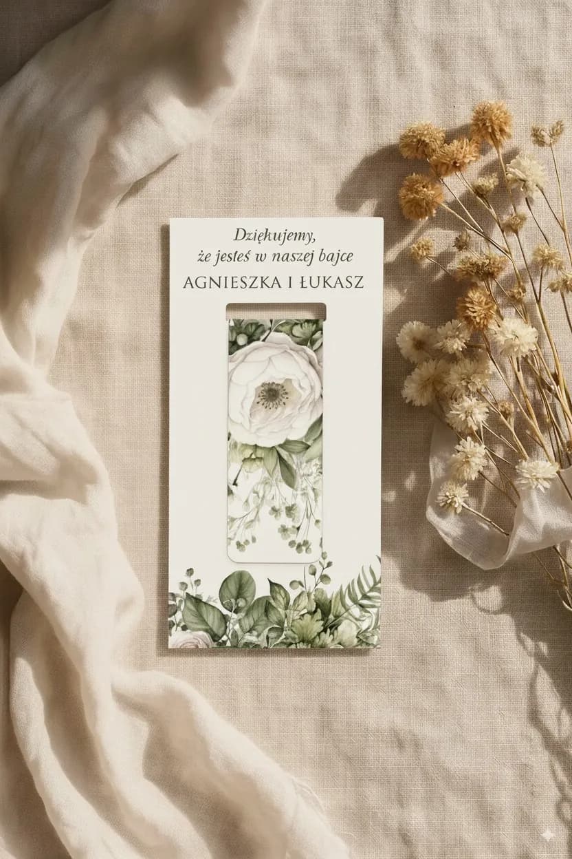 Elegantes Magnet-Lesezeichen mit weißer Rose | Personalisiertes Gastgeschenk Greenery | Impresja Nr. 3