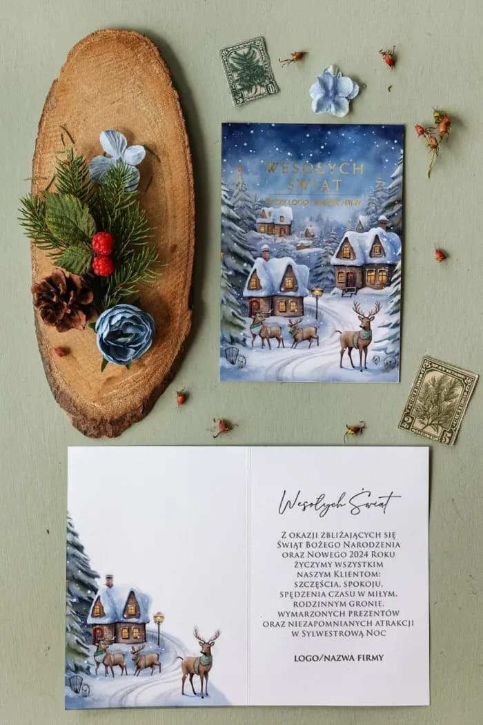 Tarjeta de Navidad con pueblo nocturno y renos, personalizada con logo de empresa, elegante y prestigiosa.