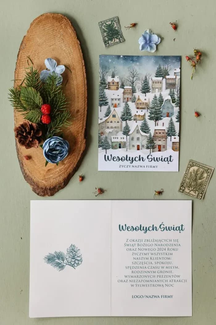 Tarjeta de Navidad con paisaje invernal nevado y opción de añadir logo de empresa.