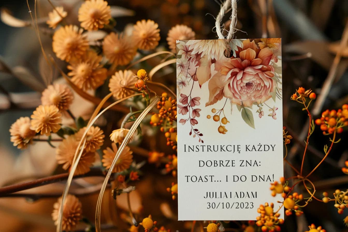 Eleganti etichette nuziali per bottiglie con fiori autunnali tonati | Impresja n. 2 Eleganti etichette nuziali per bottiglie con fiori autunnali tonati | Impresja n. 2
