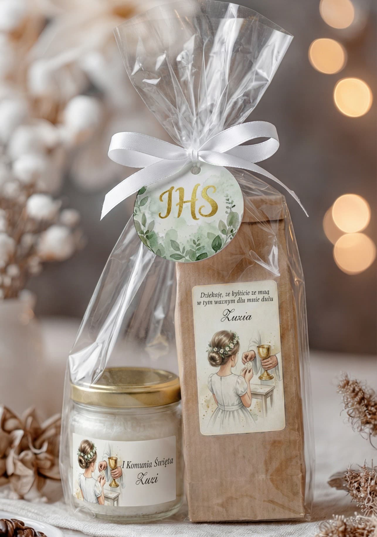 Cadeau invité communion fille thé et bougie Remerciements de communion pour invités – ensemble thé et bougie avec illustration fille