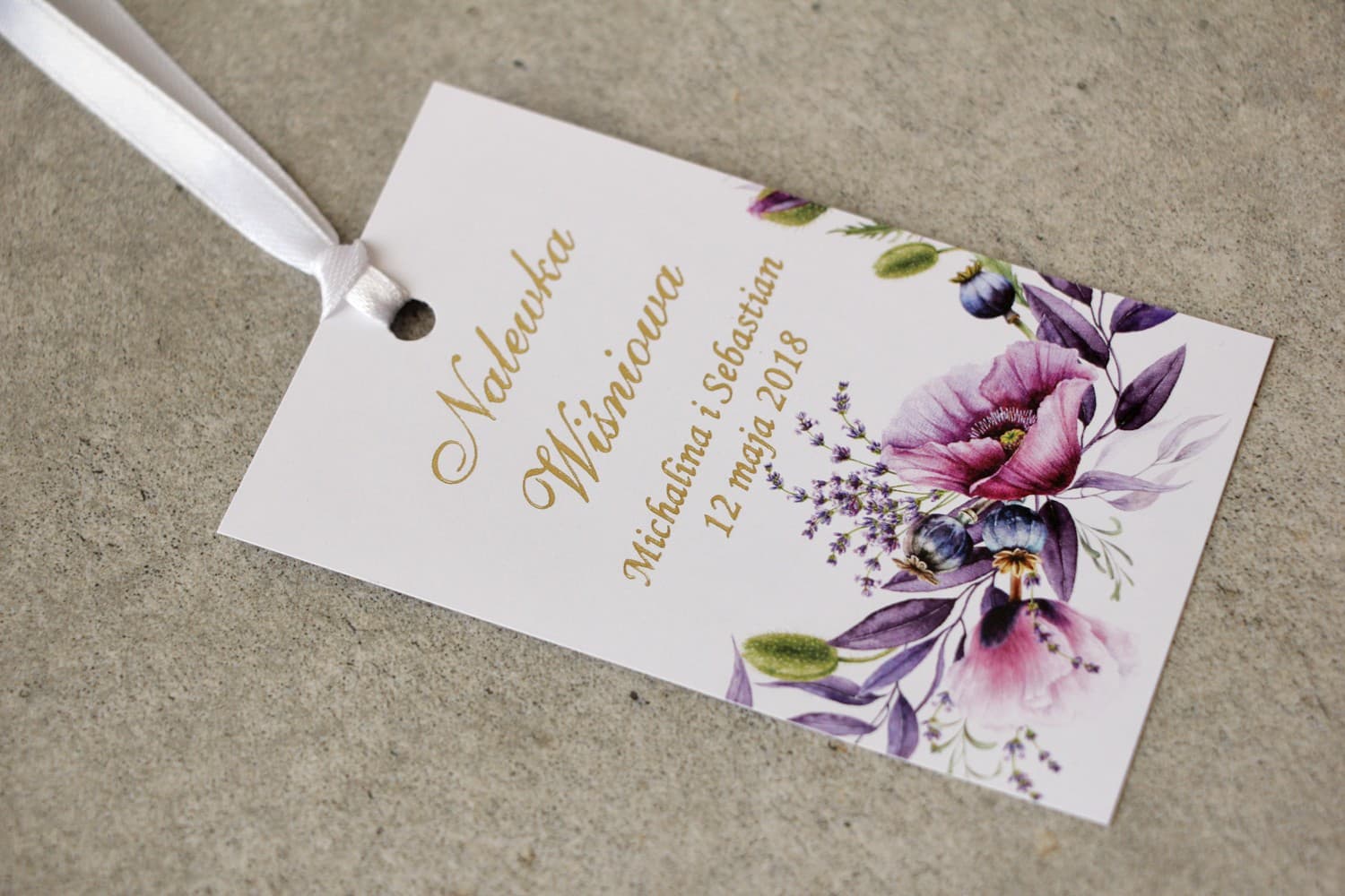 Etichette Vodka Dorate Papaveri Viola Lavanda | Etichette Eleganti per Alcool Matrimoniale | Sorento n. 15