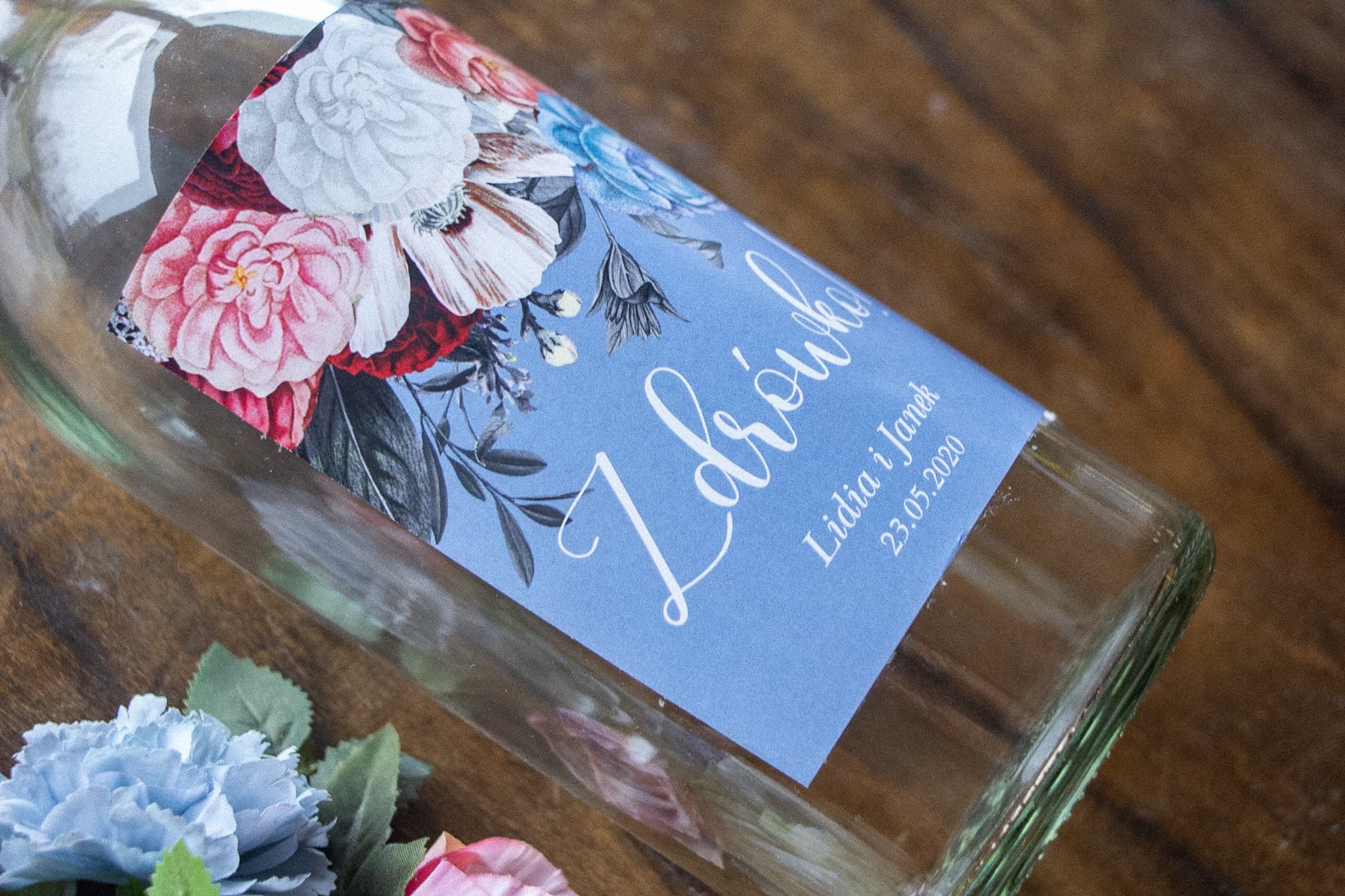 Etiquetas Azules para Boda con Flores Peonías | Pegatinas Personalizadas Alcohol | Etéreo nº 4
