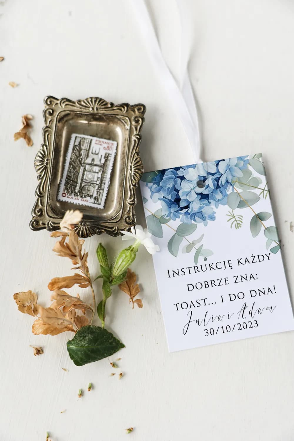 Etiquetas para botellas de boda con hortensias azules | Adornos para alcohol | Impresja n.º 4