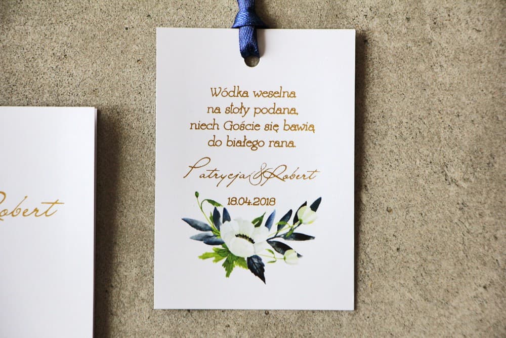 Etiquetas Doradas para Botellas con Anémonas y Azul Marino | Decoración de Alcohol para Boda | Cykade nº 3