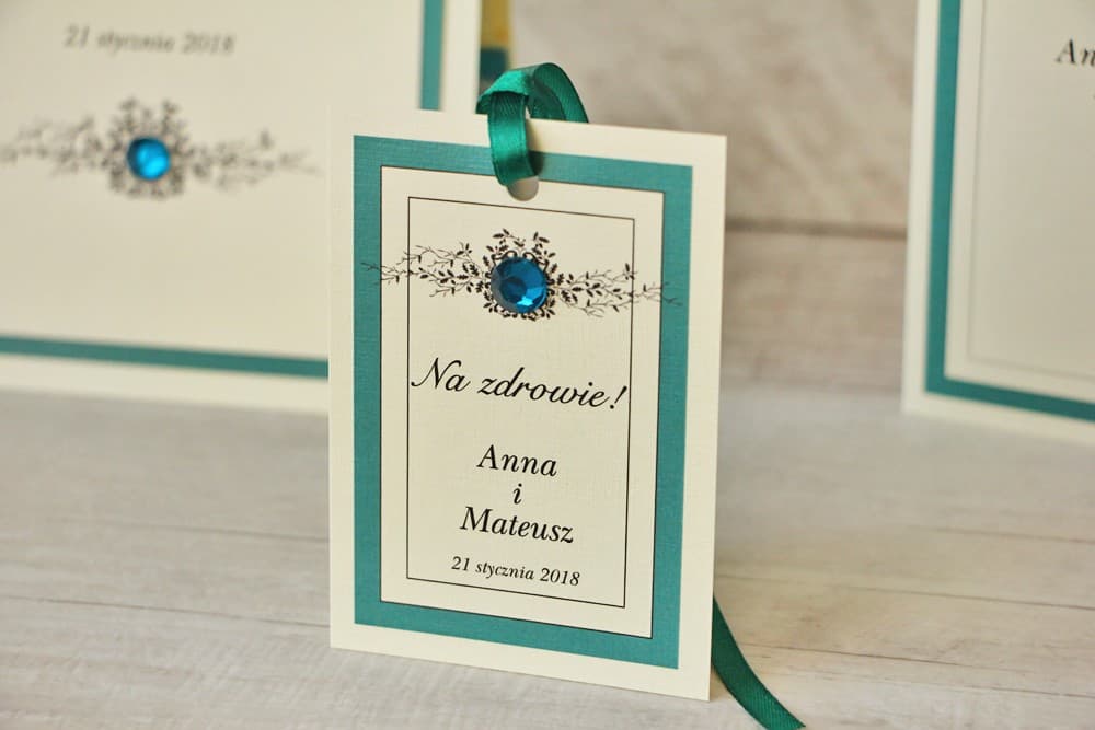 Elegantes Etiquetas para Botellas de Boda Esmeralda con Encaje y Circonita | Adornos para Alcohol | Con Encaje nº 5