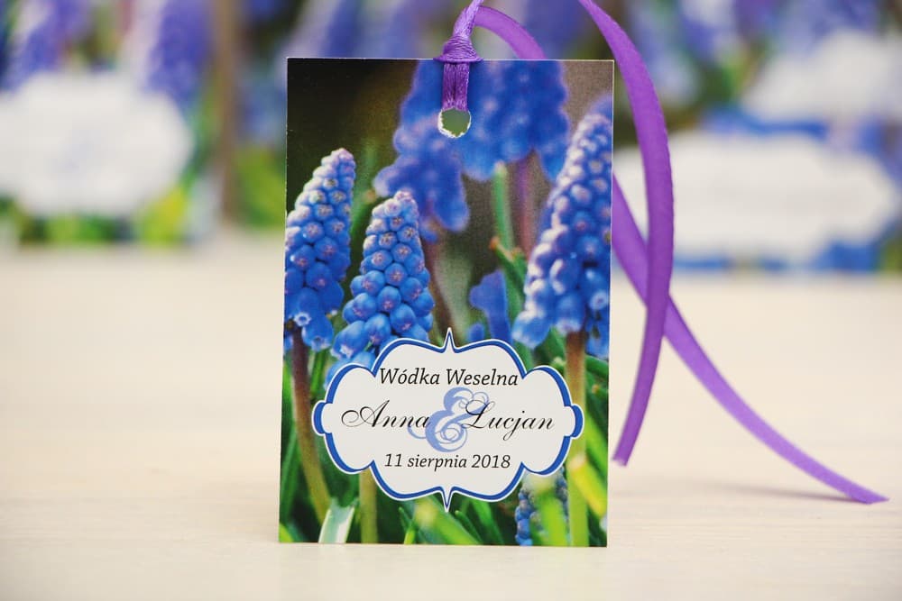 Etiquetas Azules para Botellas de Boda con Flores de Muscari y Poema | Etiquetas Personalizadas para Alcohol | Felicja nº 4