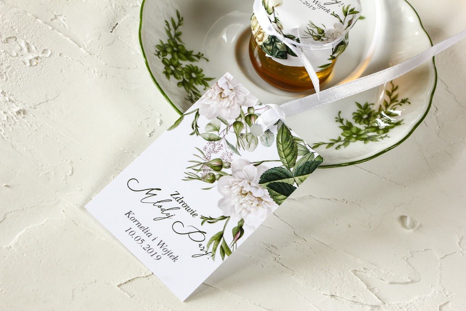 Etiquetas Verdes para Botellas de Boda con Rosas Blancas | Elegantes Colgantes para Alcohol | Wenis n.º 4