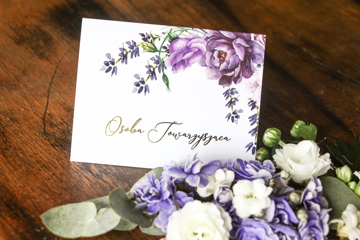 Hochzeitstischkarten Soreli Nr. 4 – Vergoldete Namenskarten mit Lavendel-Motiv