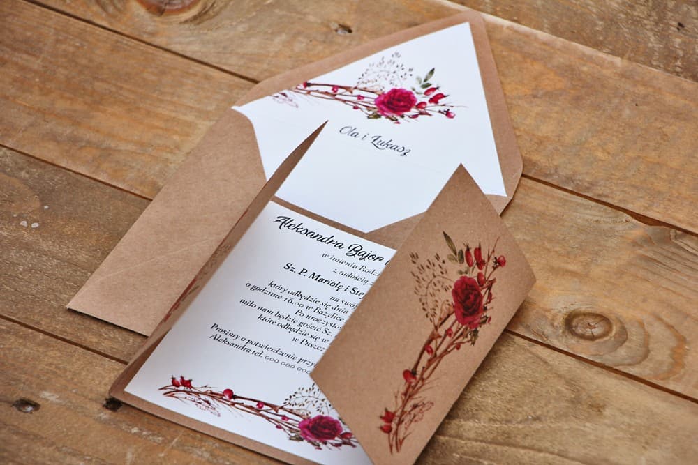 Faire-part de mariage éco avec motif rose sauvage Faire-part de mariage rustique Fruits des Bois n°7 rose sauvage Amelia Wedding