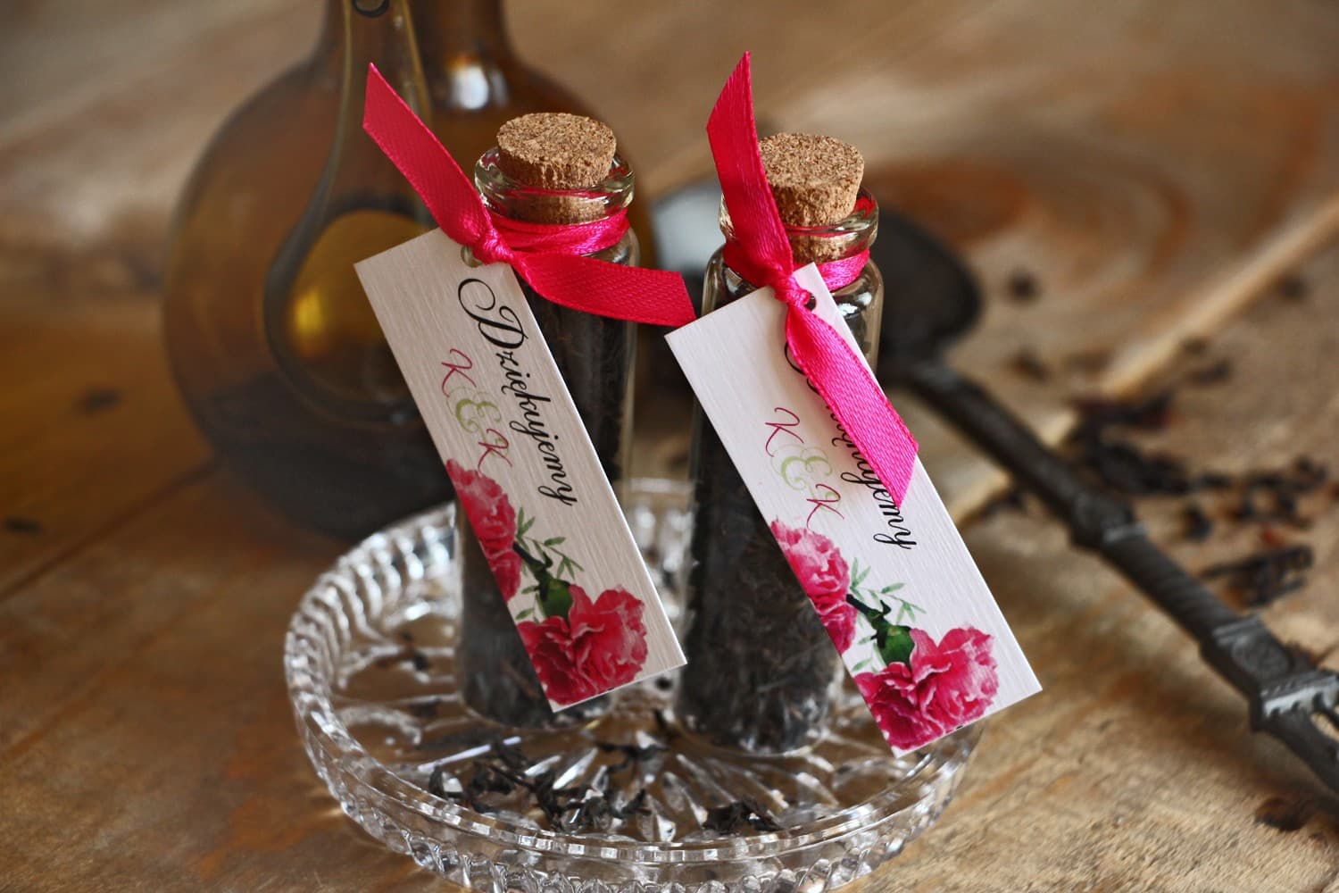 Thé en Fiole avec Liège, Œillets Roses | Cadeaux Invités Mariage | Aquarelles n° 18